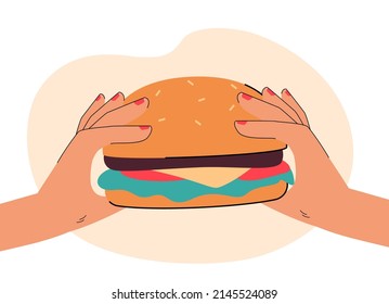 Hands holding hamburger flat vector illustration. Person eating junk or fast food. Unhealthy lifestyle, nourishment concept for banner, website design or landing web page