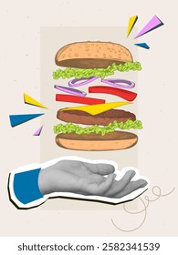 Hands holding a hamburger.  Modern photo collage style. Vector illustration