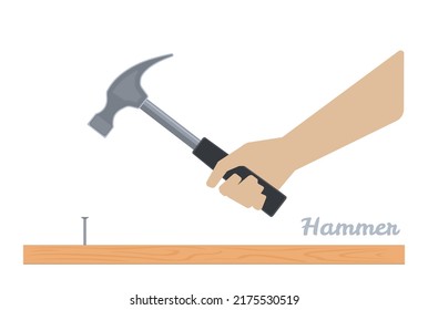 Hands holding hammer. Hammering a nail into wooden board. Construction tools flat style. Vector illustration isolated on white.