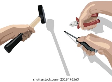 Manos que sostienen el martillo, el destornillador y los alicates aislados en el fondo blanco.
