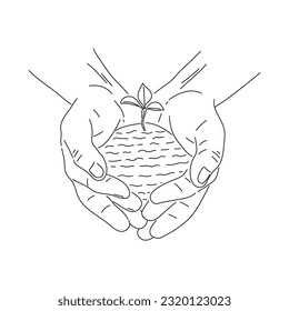 Hände, die eine Handvoll Erde mit wachsenden Pflanzen halten. Ökologie oder Geschäftskonzept. Vektorgrafik.