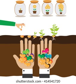 hands holding handful seeds and save money to tree concept
