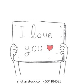 Hands holding handwritten 'I love you sign', valentine's day, cartoon doodle, vector illustration.