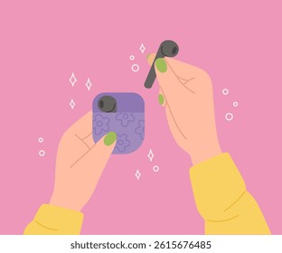 Hands holding headphones in case. Vector illustration of people with wireless earphones in flat style. Leisure activities, communication concept. Cartoon illustration for banner or greeting card