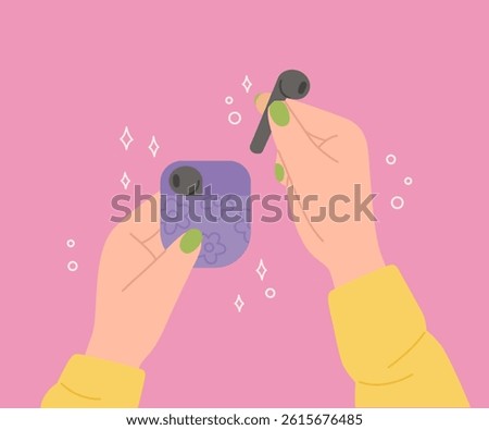 Hands holding headphones in case. Vector illustration of people with wireless earphones in flat style. Leisure activities, communication concept. Cartoon illustration for banner or greeting card