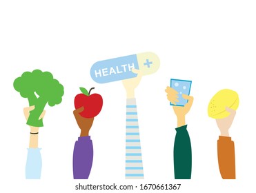 Hands holding health items background