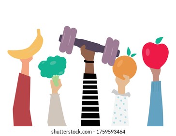 Hands holding health items background. Vector illlustration