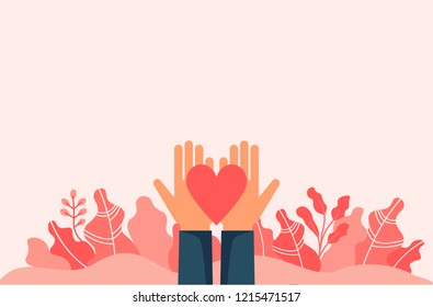 Hands holding heart among leaves and empty space. Flat design vector illustration template for charity, help, supporting, work of volunteers