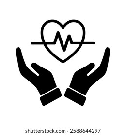 hands holding heart beat line icon. heart care symbol, hands with heart cardio symbol. Flat vector illustration simple design.