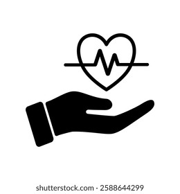 hands holding heart beat line icon. heart care symbol, hands with heart cardio symbol. Flat vector illustration simple design.