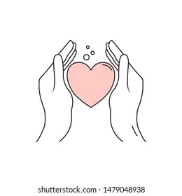 Hands holding a heart. Charity concept. Line art on white background.