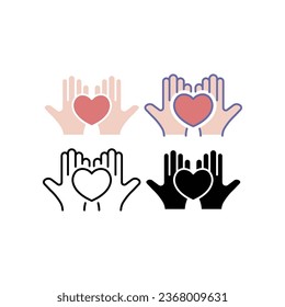 Hands holding heart for Charity, donation and volunteer work. Giving help, donating money. Hand give heart. Charity, hands, heart, support icon. Vector illustration. Design on white background. EPS 10
