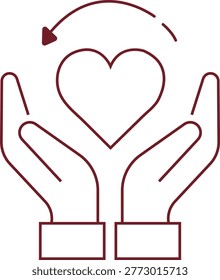Hands holding heart with circular arrow line art icon. Charity, donation, care cycle vector illustration. Giving, receiving love, healthcare, social support, volunteer concept for nonprofit, humanitarian projects.