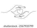 Hands holding heart continuous one line drawing. Charity donation linear concept. One continuous line drawing of hands holding heart. Concept of love relationship and volunteer organisation symbol.