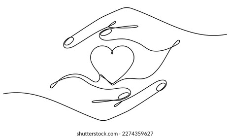 Hände, die Herz beständig eine Linie Kunstzeichnung tragen. Lineares Symbol für Wohltätigkeitsspende. Vektorgrafik einzeln auf Weiß.	