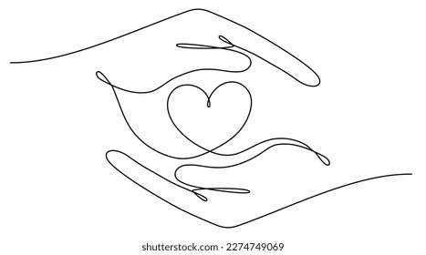 Hands holding heart continuous one line art drawing. Charity donation linear symbol. Vector illustration isolated on white.	