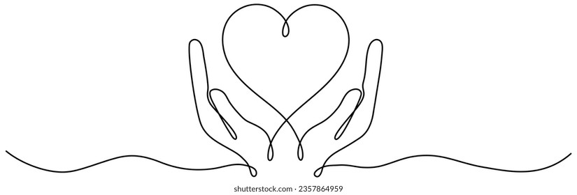 Hands holding heart continuous one line drawing. Charity donation linear symbol. Love support concept. Vector illustration isolated on white.