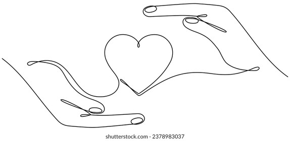 Hands holding heart continuous one line drawing. Charity donation linear concept. Vector isolated on white.