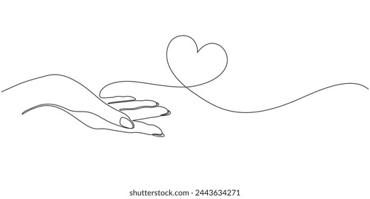 Hands holding heart continuous one line art drawing. Charity donation linear symbol. Editable line Vector illustration isolated on white.