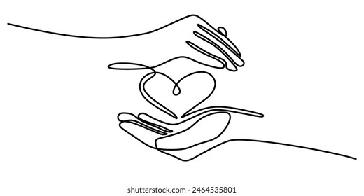 Hands holding heart continuous one line art drawing. Charity donation linear symbol. Vector illustration isolated on white background.