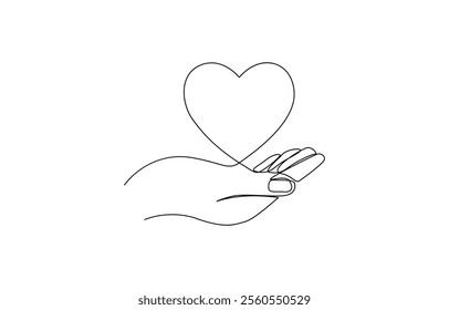 Hands holding heart continuous one line art drawing. Charity donation linear symbol, One continuous line drawing of hands holding heart. Concept of love relationship and volunteer organisation symbol.