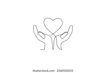 Hands holding heart continuous one line art drawing. Charity donation linear symbol, One continuous line drawing of hands holding heart. Concept of love relationship and volunteer organisation symbol.