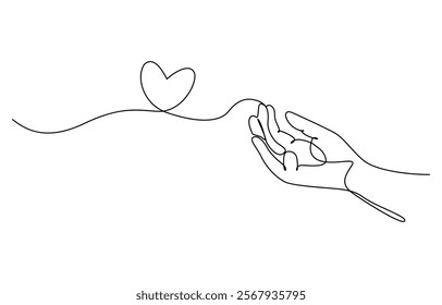 Hands holding heart continuous one line drawing. Charity donation linear concept. One continuous line drawing of hands holding heart. Concept of love relationship and volunteer organisation symbol.