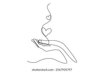 Hands holding heart continuous one line drawing. Charity donation linear concept. One continuous line drawing of hands holding heart. Concept of love relationship and volunteer organisation symbol.