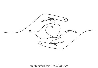 Hands holding heart continuous one line drawing. Charity donation linear concept. One continuous line drawing of hands holding heart. Concept of love relationship and volunteer organisation symbol.