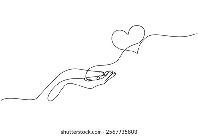 Hands holding heart continuous one line drawing. Charity donation linear concept. One continuous line drawing of hands holding heart. Concept of love relationship and volunteer organisation symbol.