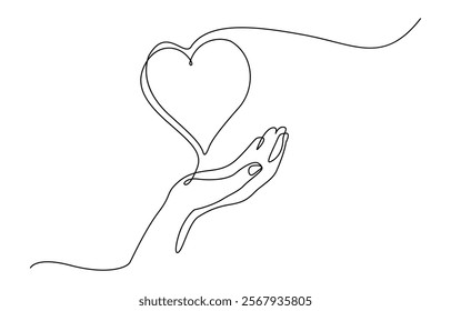 Hands holding heart continuous one line drawing. Charity donation linear concept. One continuous line drawing of hands holding heart. Concept of love relationship and volunteer organisation symbol.