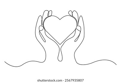 Hands holding heart continuous one line drawing. Charity donation linear concept. One continuous line drawing of hands holding heart. Concept of love relationship and volunteer organisation symbol.