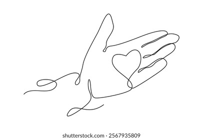 Hands holding heart continuous one line drawing. Charity donation linear concept. One continuous line drawing of hands holding heart. Concept of love relationship and volunteer organisation symbol.