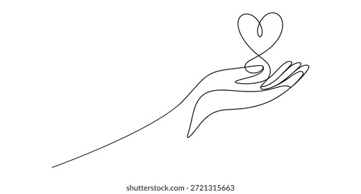 Mãos segurando coração contínuo um desenho de arte de linha. Doação de caridade símbolo linear.um ícone de linha com fundo branco, desenho de linha contínua de uma mão gentilmente segurando um coração. Desenho de uma linha