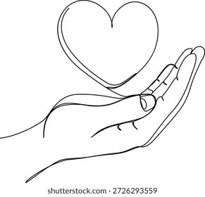 Manos sosteniendo el corazón continuo de una línea de dibujo de arte. Dibujo continuo de una línea de mano sosteniendo una Ilustración vectorial de corazón. Dibujo de una línea