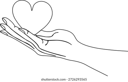 Mãos segurando coração contínuo um desenho de arte de linha. Desenho contínuo de uma linha de Mão segurando uma ilustração de vetor cardíaco.