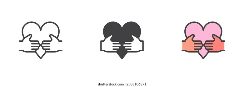 Hands holding heart different style icon set. Line, glyph and filled outline colorful version, outline and filled vector sign. Valentines day symbol, logo illustration. Vector graphics