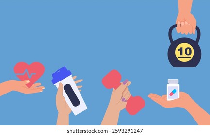 Hands holding heart, dumbbell, kettlebell, protein shaker and pills promoting healthy lifestyle, body care, exercising and wellness