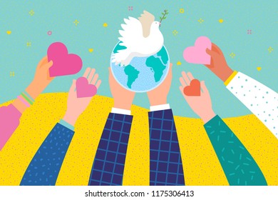 Hands holding a heart and Earth symbol. International Day of Peace. Flat design, vector illustration.