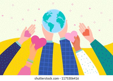 Hands holding a heart and Earth symbol. International Day of Peace. Flat design, vector illustration.