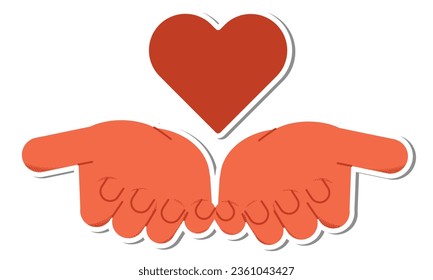 Hands holding heart emblem sticker isolated vector.Hands holding heart emblem. Vector illustration