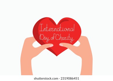 Hands holding the heart. Hands, fingers, heart on the palm. International Day of Charity.  Concepts of help and good deeds .  Postcard design, banner. Vector illustration. White isolated background.