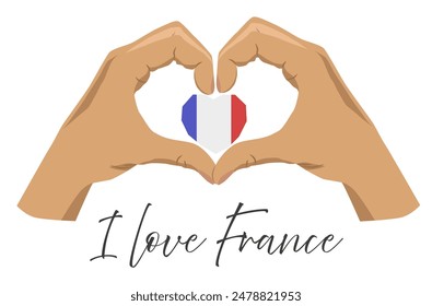 Hands holding a heart with the flag of France. I love France. France is touristic. EPS 10.