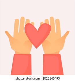 Hands holding a heart. Flat design vector illustration.