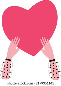 Hands holding heart flat design minimalism, pink heart and two cartoon palms