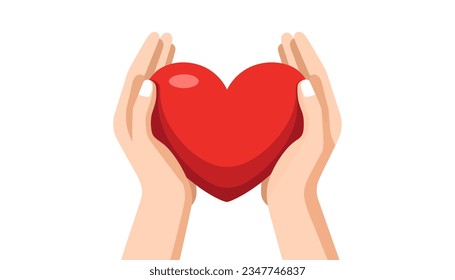 manos sosteniendo un corazón en un estilo plano sobre un fondo blanco. Ilustración del vector