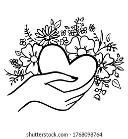 Hands holding a heart with flowers. Coloring. It's perfect for greeting cards, wedding invitation, birthday and mothers day cards
