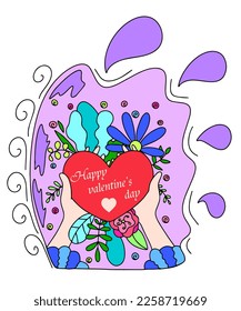 Hands holding a heart and flowers. Congratulations on Valentine's Day and March 8th. This is a vector picture in the style of a comic book