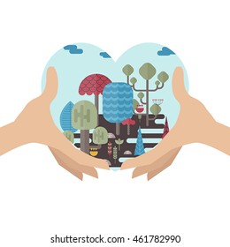 Hands holding heart with forest landscape. Eco style life. Abstract forest. Vector flat illustrations