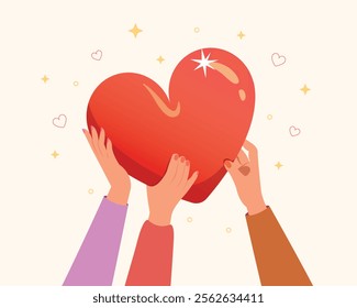 Hands holding heart and giving love to people. Valentine day card, Celebrate of love concept.